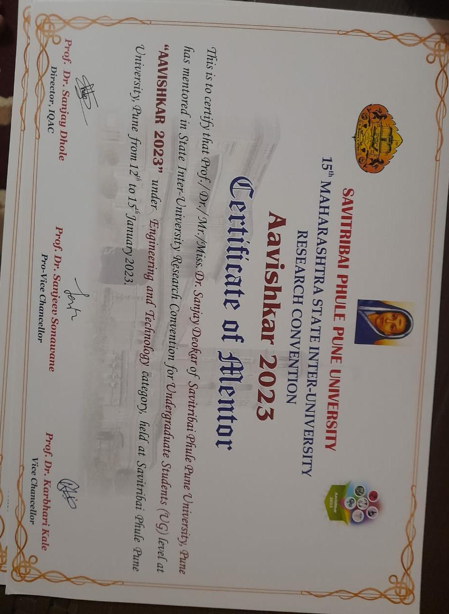 Certificate Of Mentor at SPPU State Inter-University Research Convention for UG Students