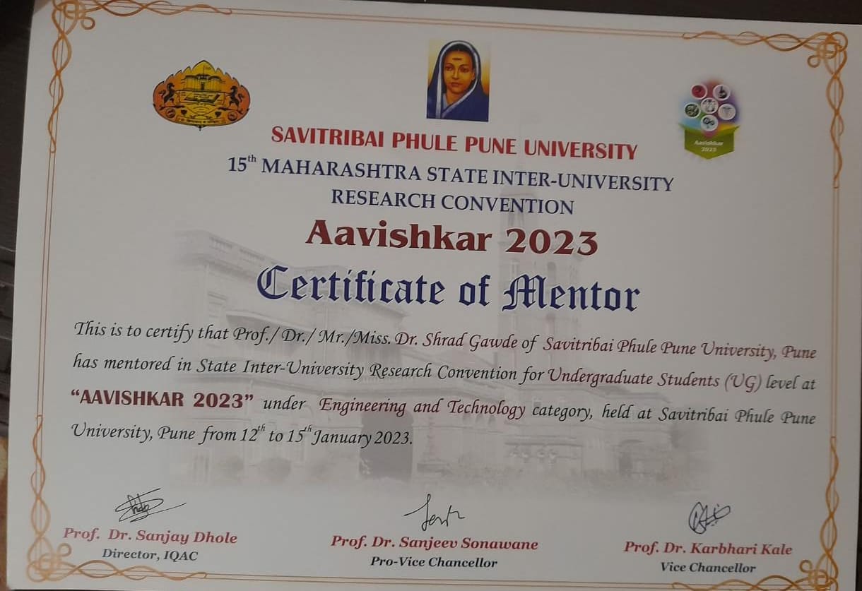 Certificate Of Mentor at SPPU State Inter-University Research Convention for UG Students