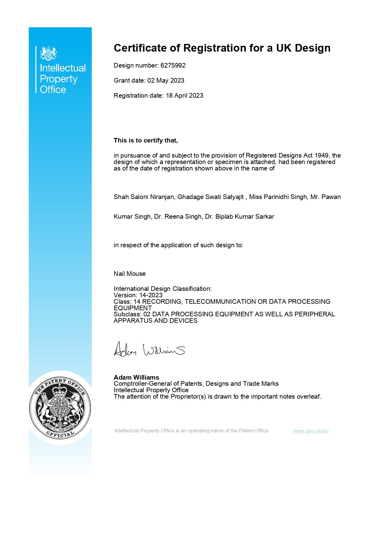 Published & Grant International Patent at UK On,